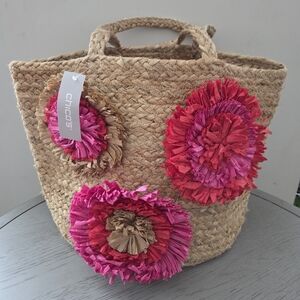Chico's Straw Tote with Pink and Red Flower Accents